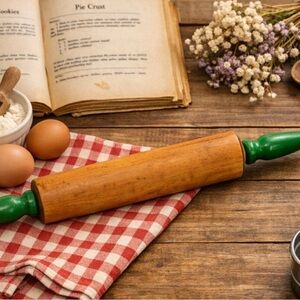 Vintage wooden Rolling Pin with Green Handles